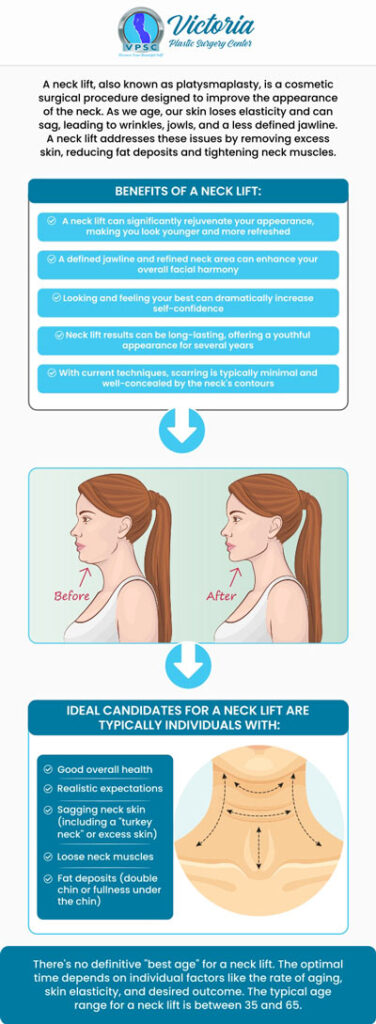 A neck lift can restore a more youthful and refined appearance to the neck and chin by addressing issues like excess fat, sagging, and lack of definition. If the appearance of the neck has been a cause of stress or discontent, a neck lift can effectively treat these difficulties, allowing people to regain their confidence. Neck lift procedures are available at Victoria Plastic Surgery Center. For more information, contact us today or book an appointment online. Visit us today at 8503 Arlington Blvd #130 Fairfax, VA. Talk to Dr. Suh today about your cosmetic goals – you will be glad you did!