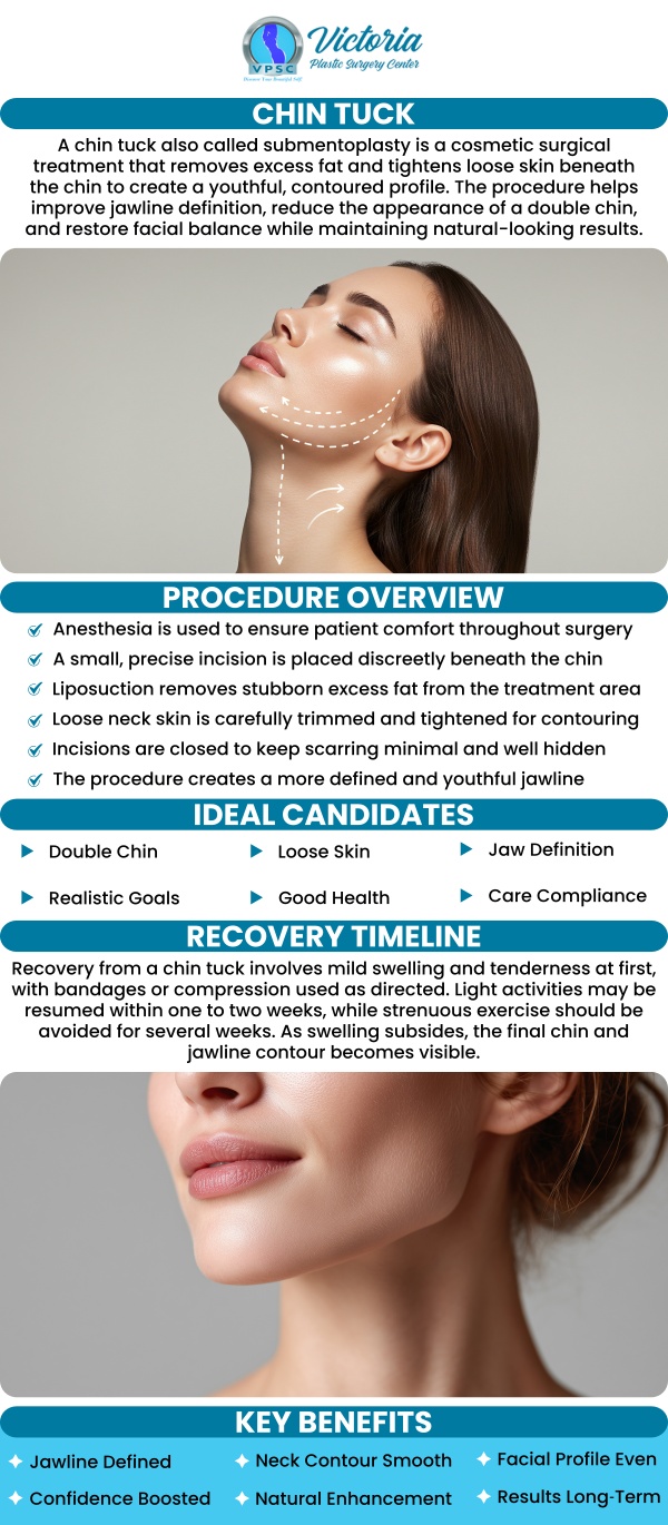 At Victoria Plastic Surgery Center, Dr. Suh, MD, recommends chin tucks as a simple yet powerful exercise to support neck strength, improve posture, and enhance jawline definition. This targeted movement helps counteract the effects of tech neck and aging by engaging deep cervical muscles and encouraging spinal alignment. Regular chin tucks can also contribute to better breathing and reduced tension in the shoulders and upper back. For those looking to maintain a youthful profile and overall wellness, it's an easy addition to your daily routine. For more information, contact us today or book an appointment online. We are conveniently located at 8503 Arlington Blvd #130 Fairfax, VA 22031.